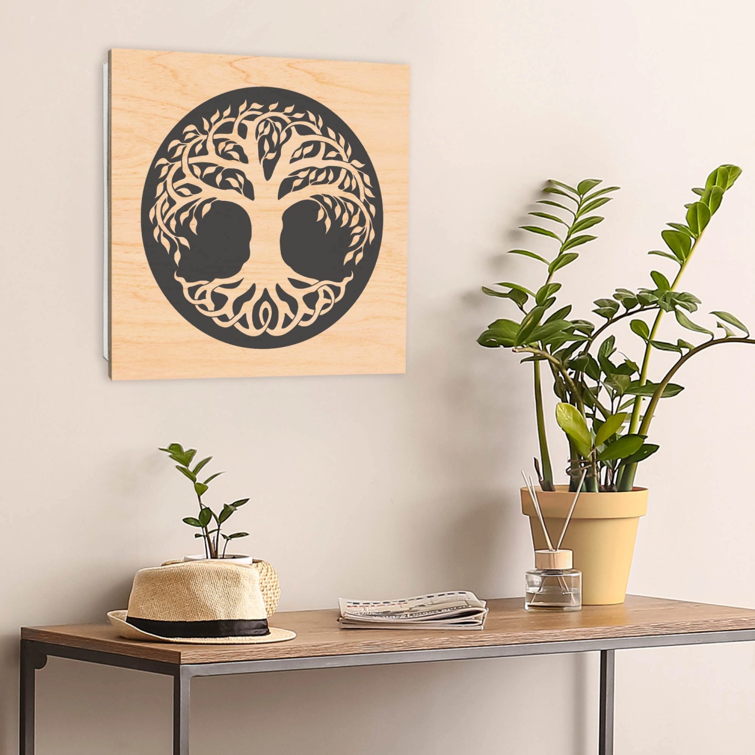 Banjado Schlüsselbox aus Holz, 30x30cm, weiß, mit Lebensbaum-Motiv und 50 Haken.