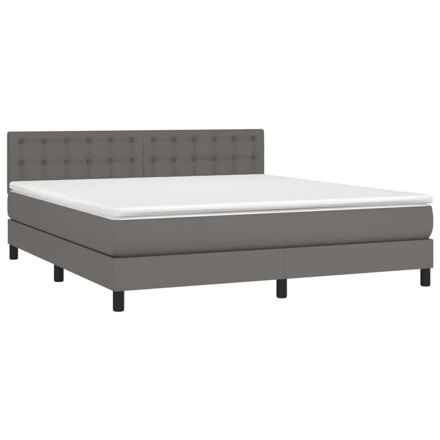 Graues Boxspringbett 180x200 cm mit Kunstlederbezug, inklusive Matratze und Kopfteil.