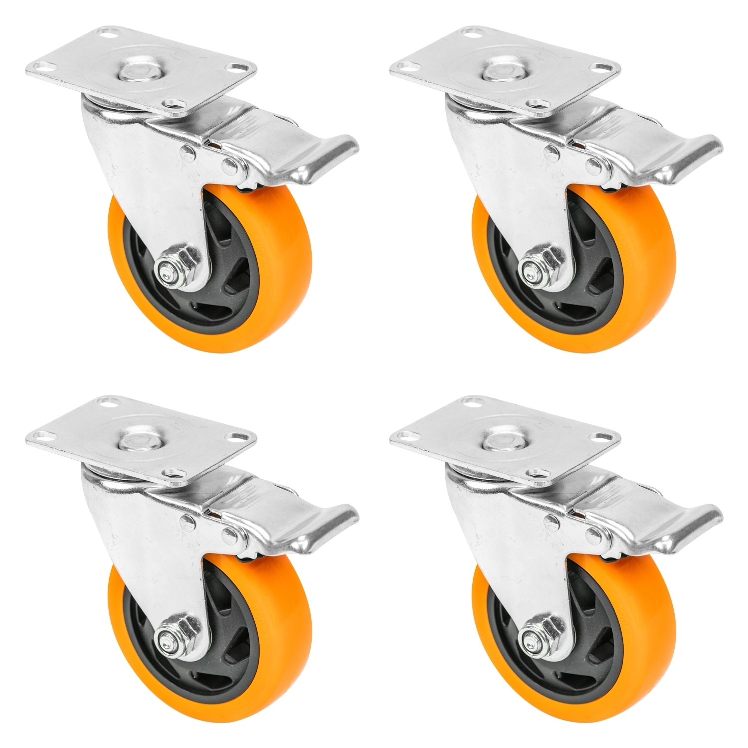 HMF 6710 Schwerlastrollen Bremse Polyurethan 4 Stück 100 mm bis 460 kg Orange