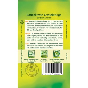 Samenpackung Quedlinburger Gartenkresse 'großblättrige'. Würziges Küchenkraut für Beet und Topf.