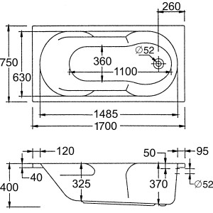 Technische Zeichnung: Weiße Körperformwanne Nixe, 170x75 cm, mit Maßangaben für Badplanung.