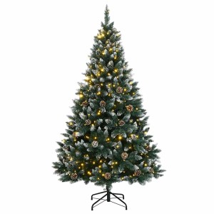 Grün-weißer künstlicher Weihnachtsbaum, 120 cm, mit 150 warmweißen LEDs, Zapfen und Kunstschnee auf schwarzem Ständer.