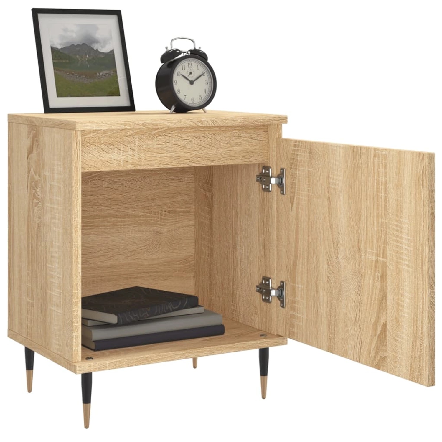 vidaXL Nachttisch Sonoma-Eiche mit offener Tür, Bücher und Deko auf Ablage.