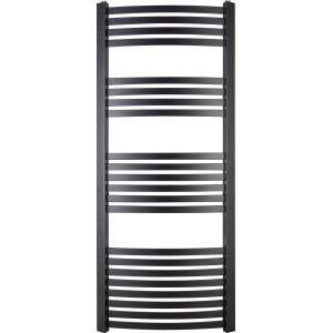 Schwarzer Badheizkörper Arnsberg, 140x60 cm, 693W, mit gebogenen Lamellen.