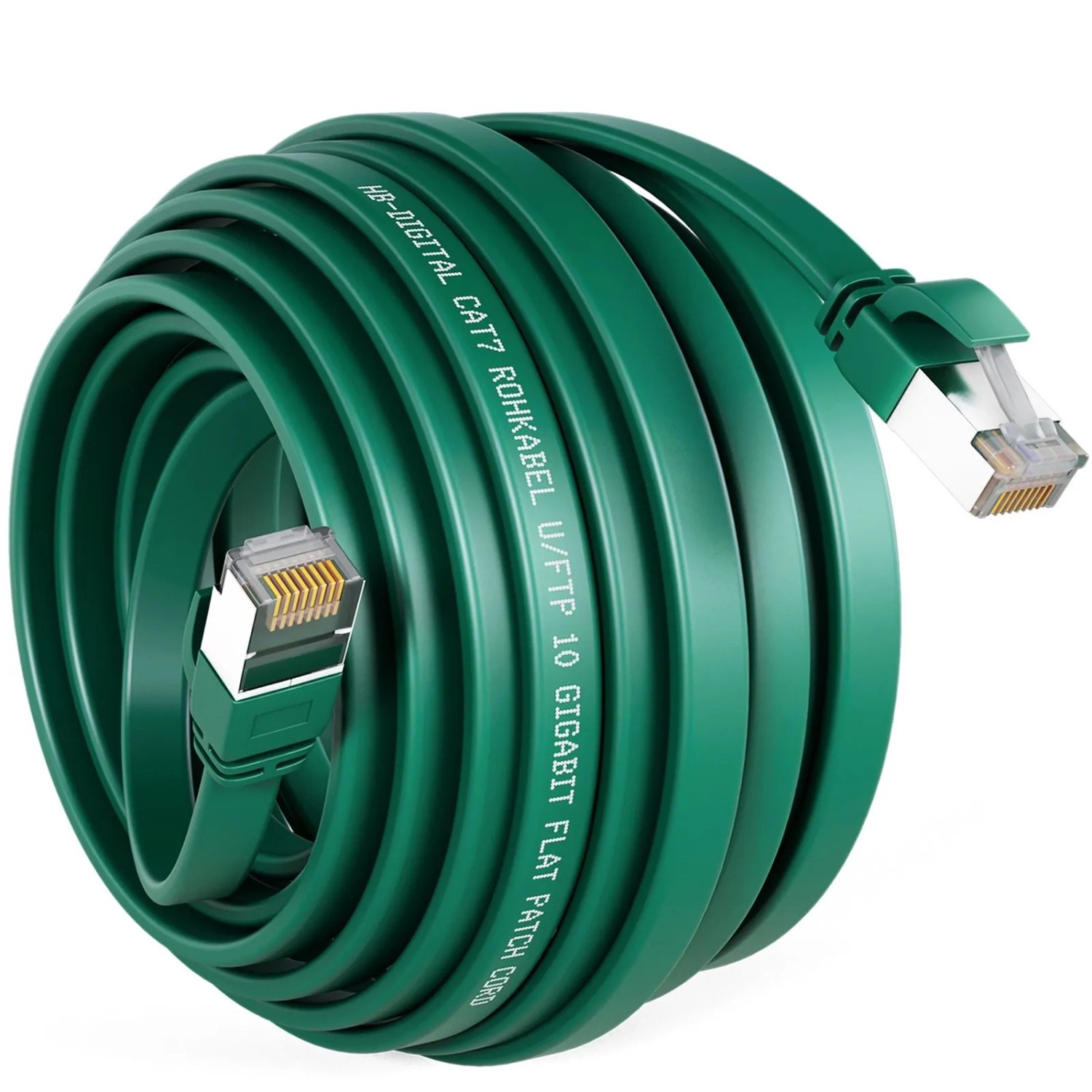 hb-digital Flachkabel CAT 7 Rohkabel RJ45 LAN Kabel Flach Kupfer bis zu 10 Gbit/s U/FTP PVC 15m Grün