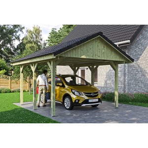 Satteldach-Carport Wallgau mit gelbem Auto und Mann. Holzkonstruktion mit Dachlattung.