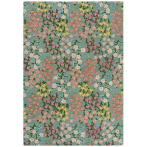 Flair Rugs Wollteppich Emilia Floral, 120x170 cm. Handgefertigter Wollteppich mit strukturiertem Blumenmuster in Rosa, Gelb, Weiß auf Mintgrün.