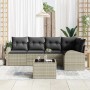 Hellgraues 6-tlg. Garten-Sofa-Set aus Poly Rattan mit Kissen und Tisch.