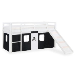 Weißes Hochbett 90x200 mit Piraten-Vorhang und Rutsche. Kinderbett aus Holz mit schwarz-weißem Design.