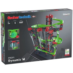 Verpackung der Fischer Kugelbahn Dynamic M mit Klangbauteilen. Bausatz für 4 Modelle, ab 7 Jahren.