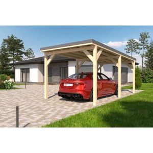 Holzbrüder Einzelcarport Ralf Natur mit dunkelgrauem Blechdach und rotem Auto.