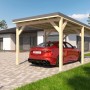 Holzbrüder Einzelcarport Ralf Natur mit dunkelgrauem Blechdach und rotem Auto.