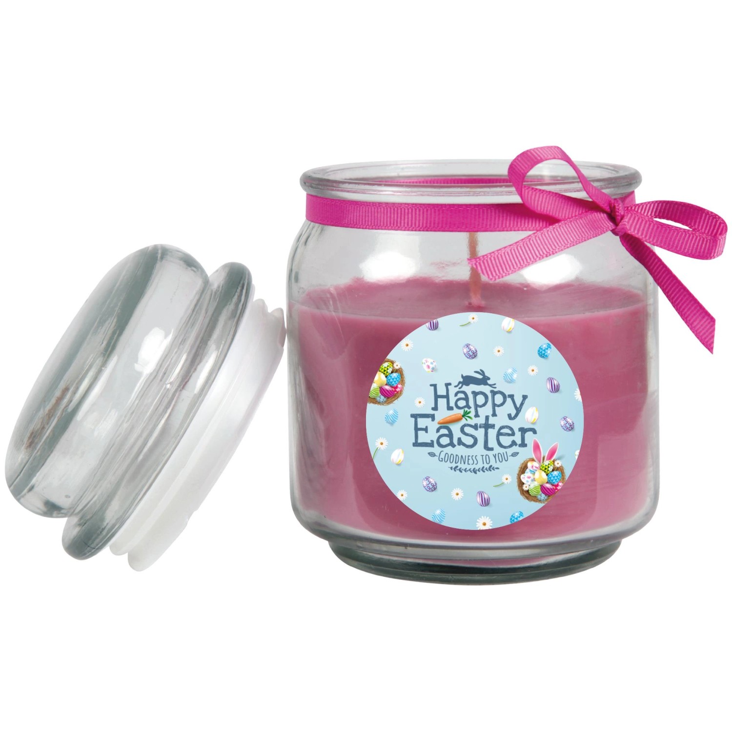 Lila Duftkerze im Glas mit Oster-Motiv und Schleife, passend zur Osterdekoration.