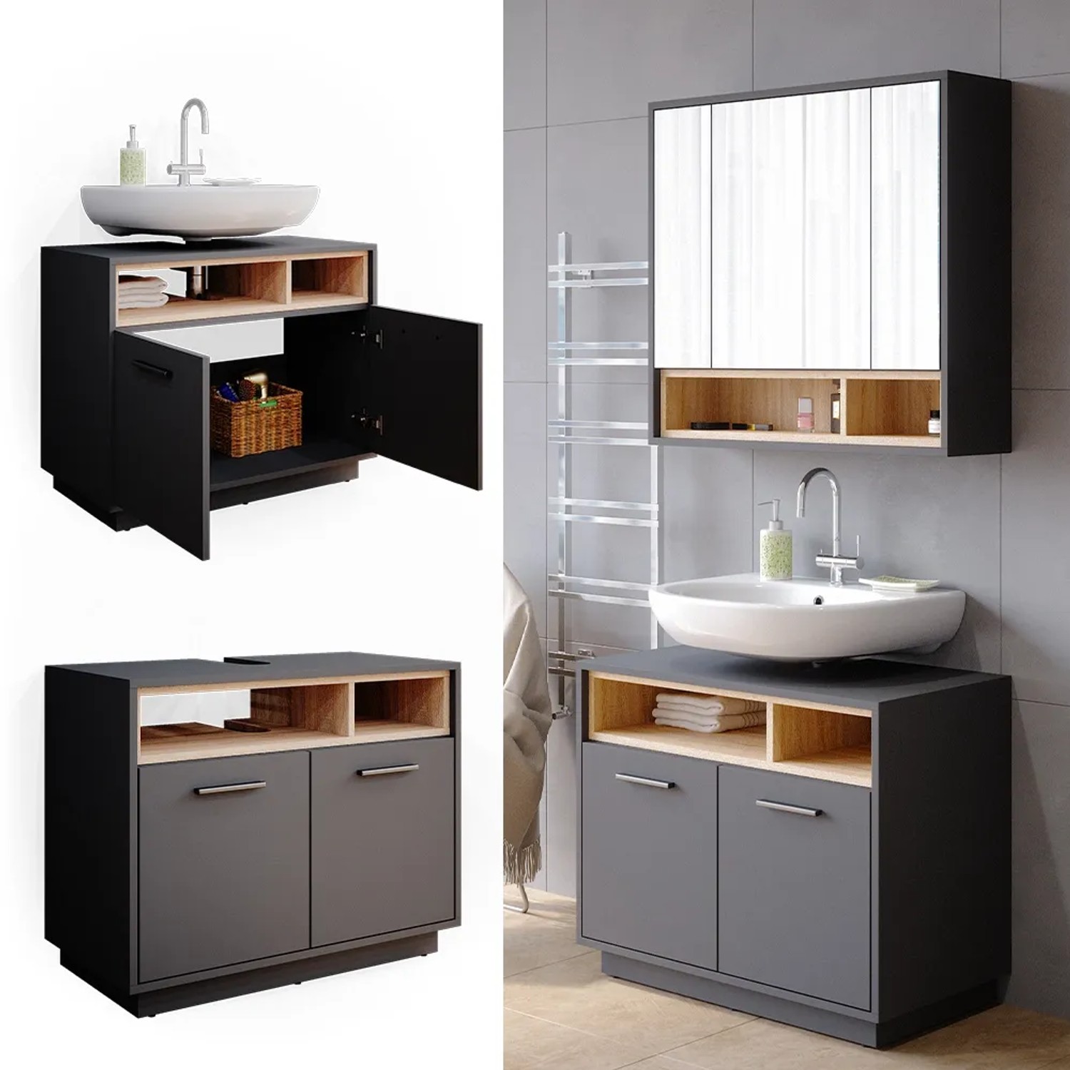 Vicco Waschbeckenunterschrank Beatrice, Anthrazit/Sonoma, 80 cm breit, mit Stauraum für Badutensilien.