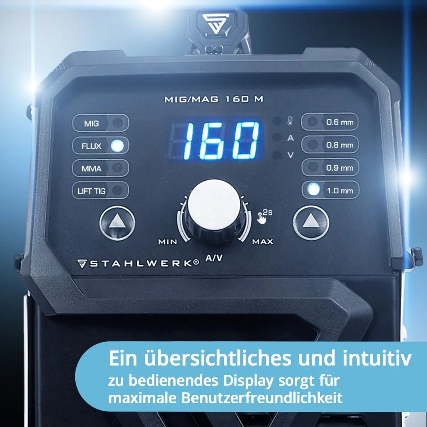 STAHLWERK MIG MAG-160 M Schweißgerät: Detailaufnahme der Bedienelemente und des Displays.