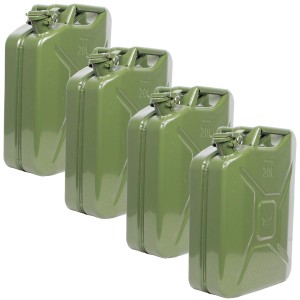 4 olivgrüne 20L Metallkanister für Benzin oder Diesel.