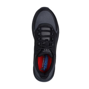 Schwarzer Skechers Speed-Flex Trekker Arbeitsschuh S3S für Herren, Draufsicht. Rutschhemmend, Air-Cooled Memory Foam.