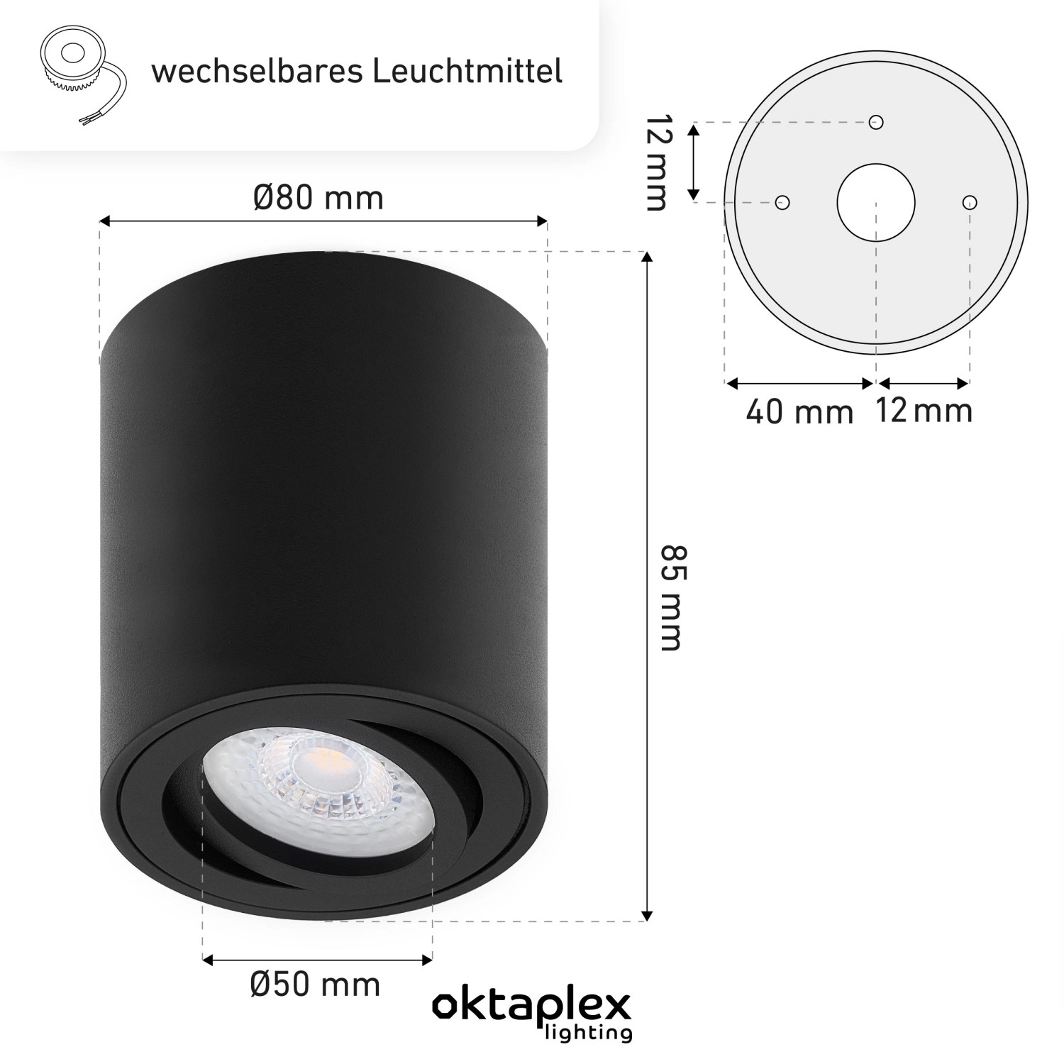 Oktaplex Lile Deckenstrahler, 12er Set, schwarz, mit Maßen. Dimmbare LED Lampe für Lampen & Leuchten.