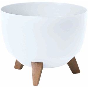 Weißes Siena Garden Pflanzgefäß Oslo, Ø 47 cm, mit braunen Holzfüßen.