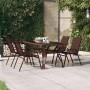 Brauner vidaXL Gartentisch (140x70 cm) aus Stahl und Glas mit vier Stühlen im Garten.
