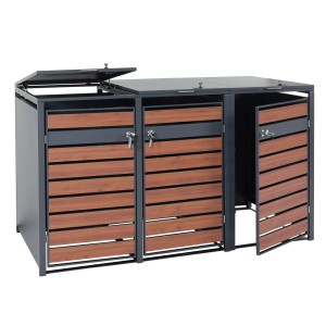 MCW XL Mülltonnenbox J81 für 3 Tonnen, Kirsche-Holzoptik, dunkelbraun, mit abschließbaren Türen.