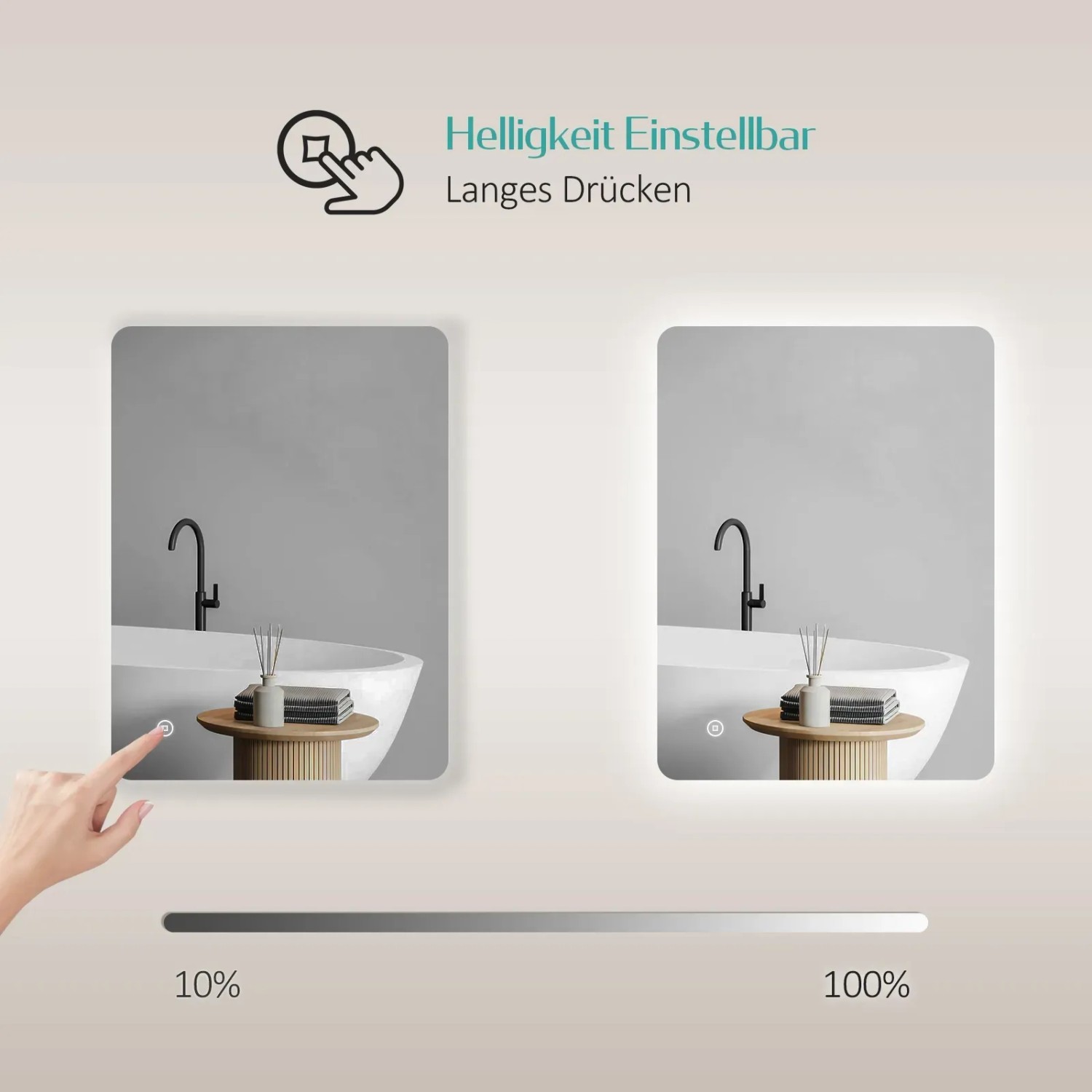 Emke Badspiegel mit dimmbarer LED-Beleuchtung, Helligkeit einstellbar per Touchschalter.