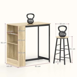 HOMCOM Bartisch Set mit Barhocker, Eichefarben, mit Regal und Metallgestell.