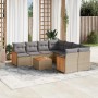 Beige 9-teilige Garten-Sofagarnitur aus Poly Rattan mit grauen Kissen und Tisch. Gartenmöbel für Terrasse und Garten.