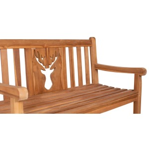 Gartenbank aus Teakholz, 120 cm breit, mit Hirsch-Motiv im Rückenteil.
