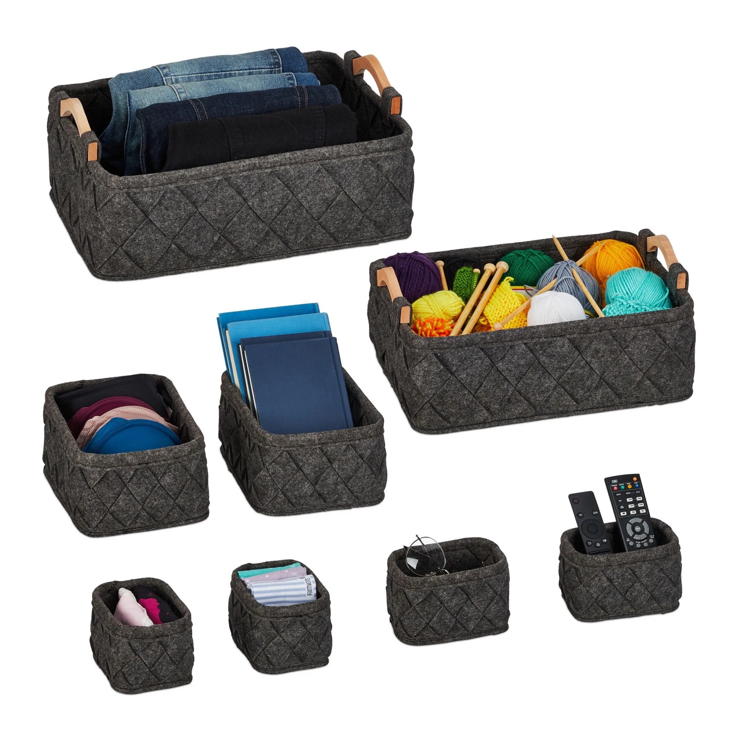 Relaxdays Schrank-Organizer Filz Holz Dunkelgrau 8-teilig 19 cm x 42 cm x 31 cm