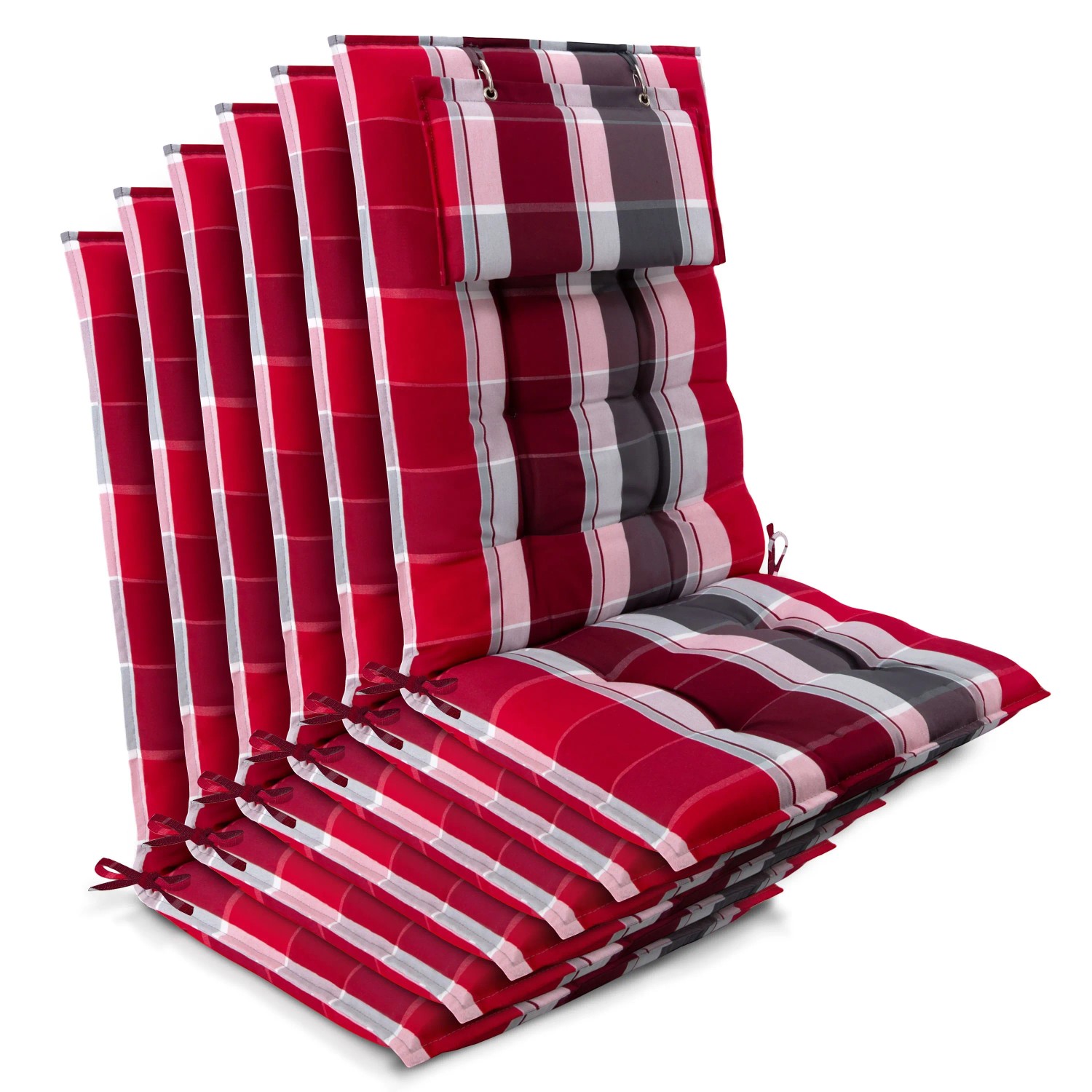 Beautissu 6er Set Sun-HL Hochlehner Auflage 120x50x8cm Rot-Gestreift
