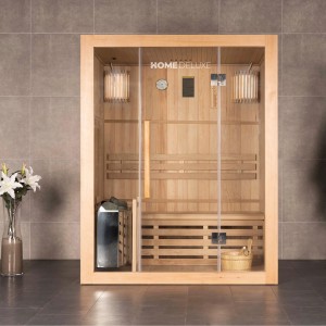 Traditionelle Sauna SKYLINE aus Tannenholz mit Glasfront und Zubehör.