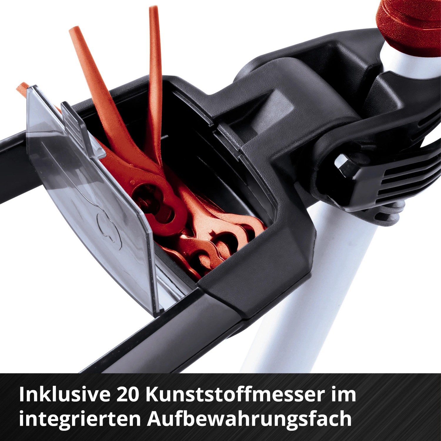 Detailaufnahme: Einhell Akku-Rasentrimmer mit Fach für 20 Kunststoffmesser.