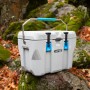 Graue Lifetime Kühlbox Campingbox (26,5 Liter) mit Tragegriff und blauen Verschlüssen auf einem Felsen.