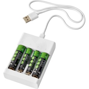 Batterieladegerät-Set mit 2 AA- und 2 AAA-Akkus im Ladegerät mit USB-Kabel.