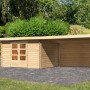 Unbehandeltes Karibu Holz-Gartenhaus Ängelholm mit Pultdach und Anbau im Garten.