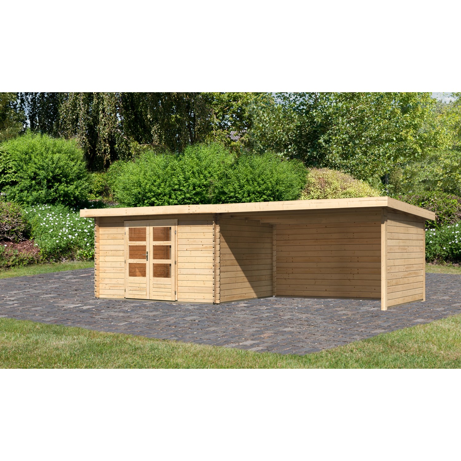 Karibu Holz-Gartenhaus Ängelholm Natur Pultdach Unbehandelt 340 cm x 280 cm günstig online kaufen