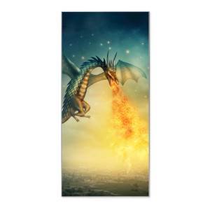 Silberne Magnettafel 37x78cm mit Drachen Motiv als Wanddekoration.