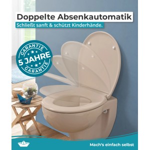 Beige WC-Sitz mit Absenkautomatik und geöffnetem Deckel, universelle O-Form.