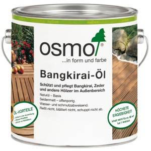 Dunkles Osmo Holzöl Spezial Bangkirai im Metalleimer, geeignet für Holz im Außenbereich.