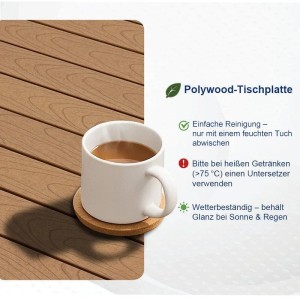Detailaufnahme: Polywood-Tischplatte des MeXo Gartentischs mit Tasse und Untersetzer.