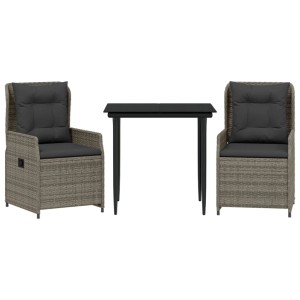 3-teilige Garten Essgruppe aus grauem Polyrattan mit Tisch und 2 Stühlen mit Kissen.