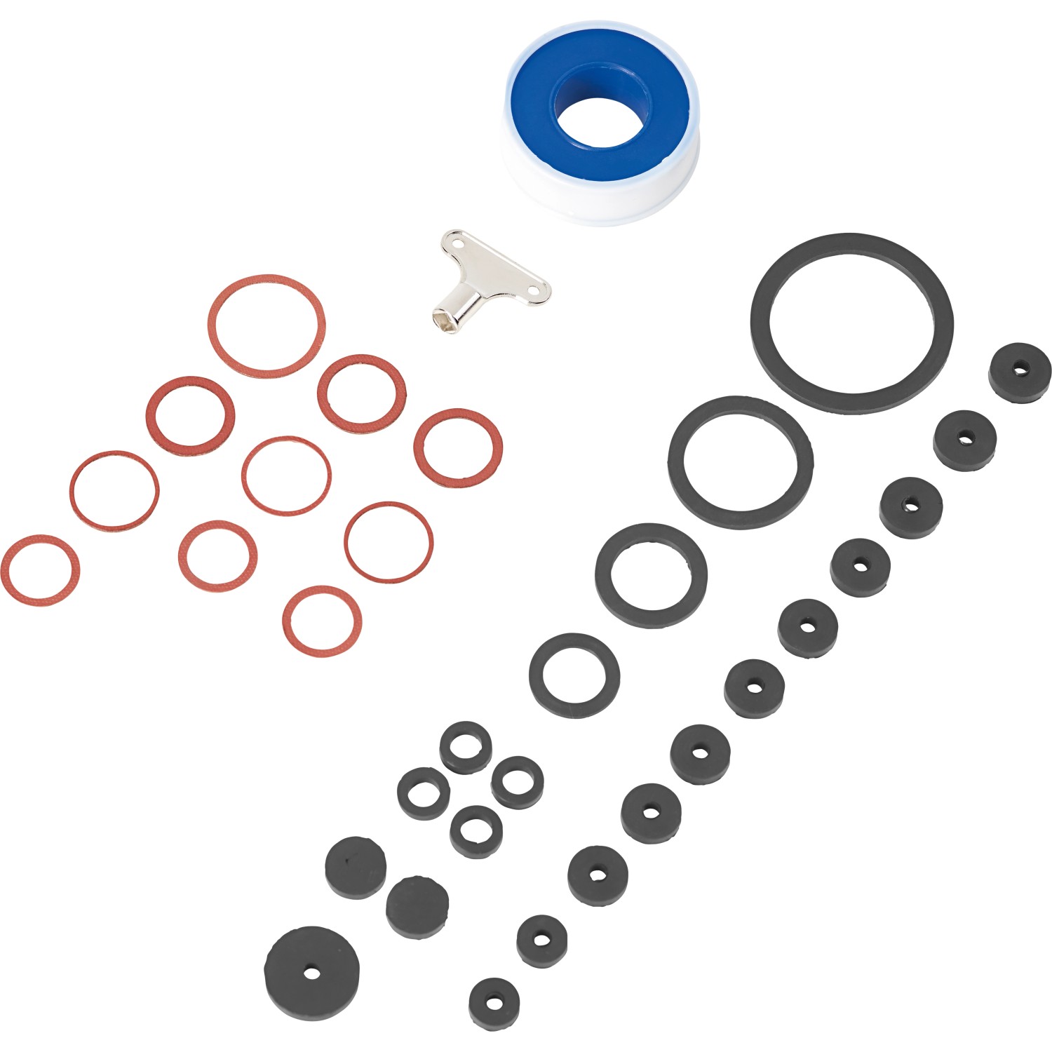 34-teiliges Dichtungs-Set für Küche und Bad mit Dichtungen in Rot und Schwarz, Teflonband und Schlüssel.