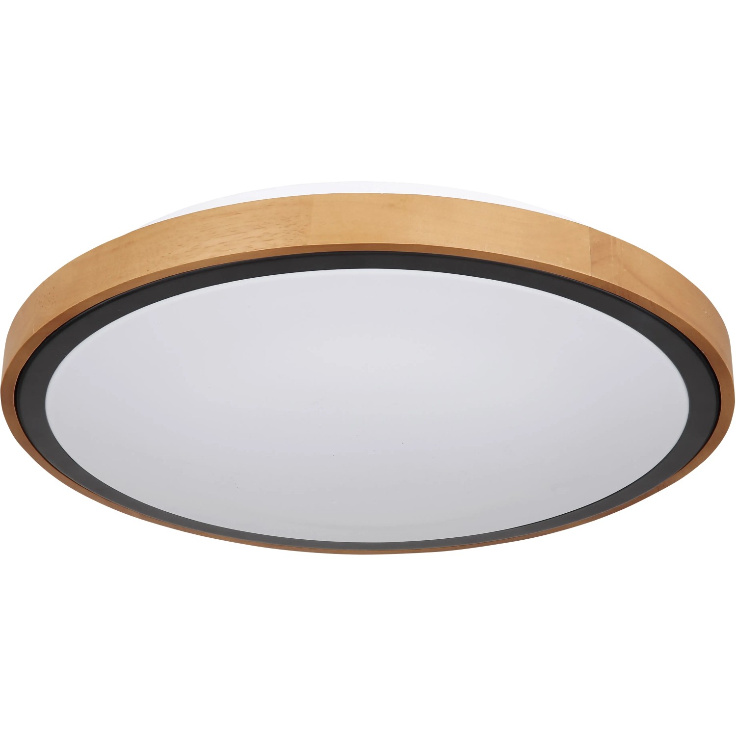 Runde LED-Deckenleuchte Bruno mit Holzrahmen und schwarzem Rand. Moderne Deckenlampe für Innenräume.