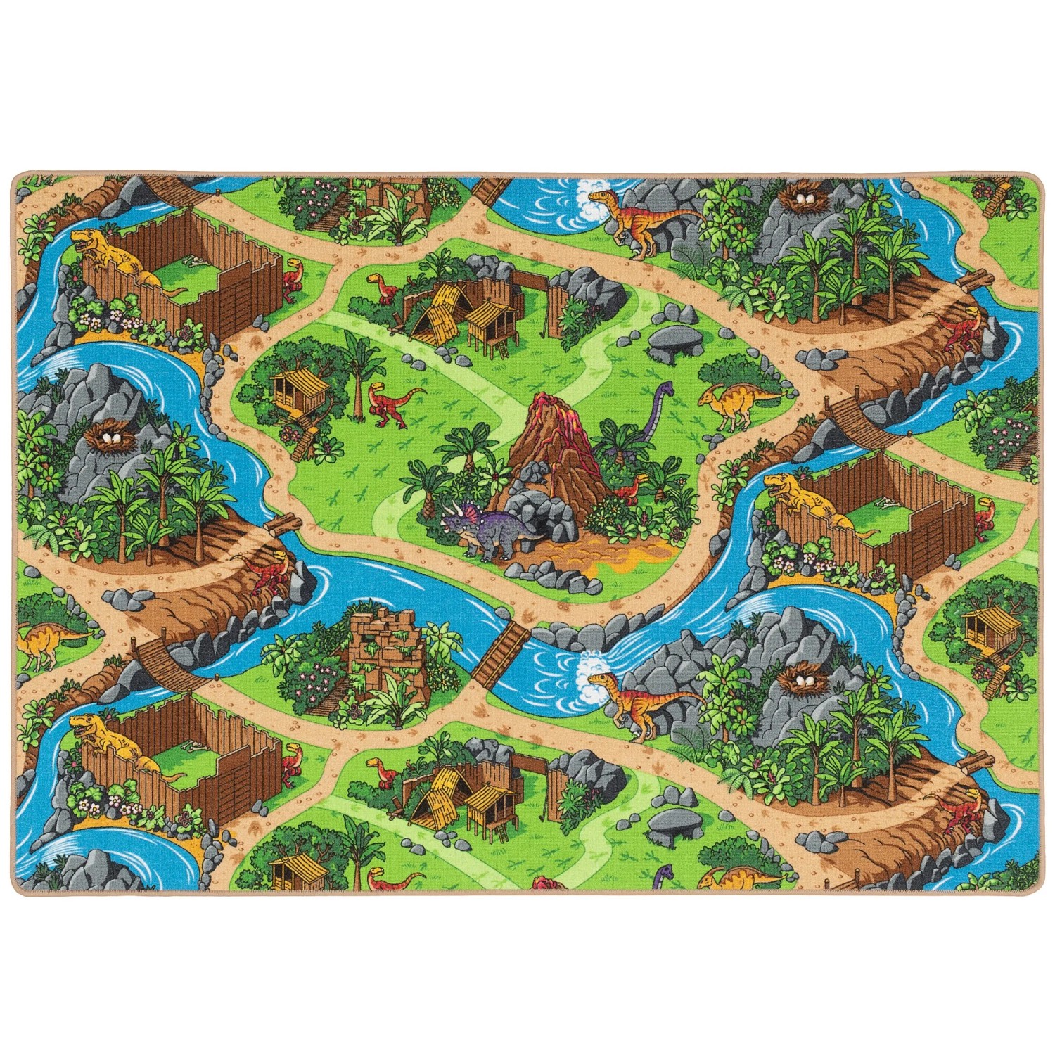 Türkiser Kinder Straßenteppich 100x200cm mit Dino-Motiv für fantasievolles Spielen.