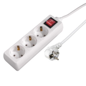Weiße Hama Steckdosenleiste mit 3-Fach Schalter und 5 m Kabel.