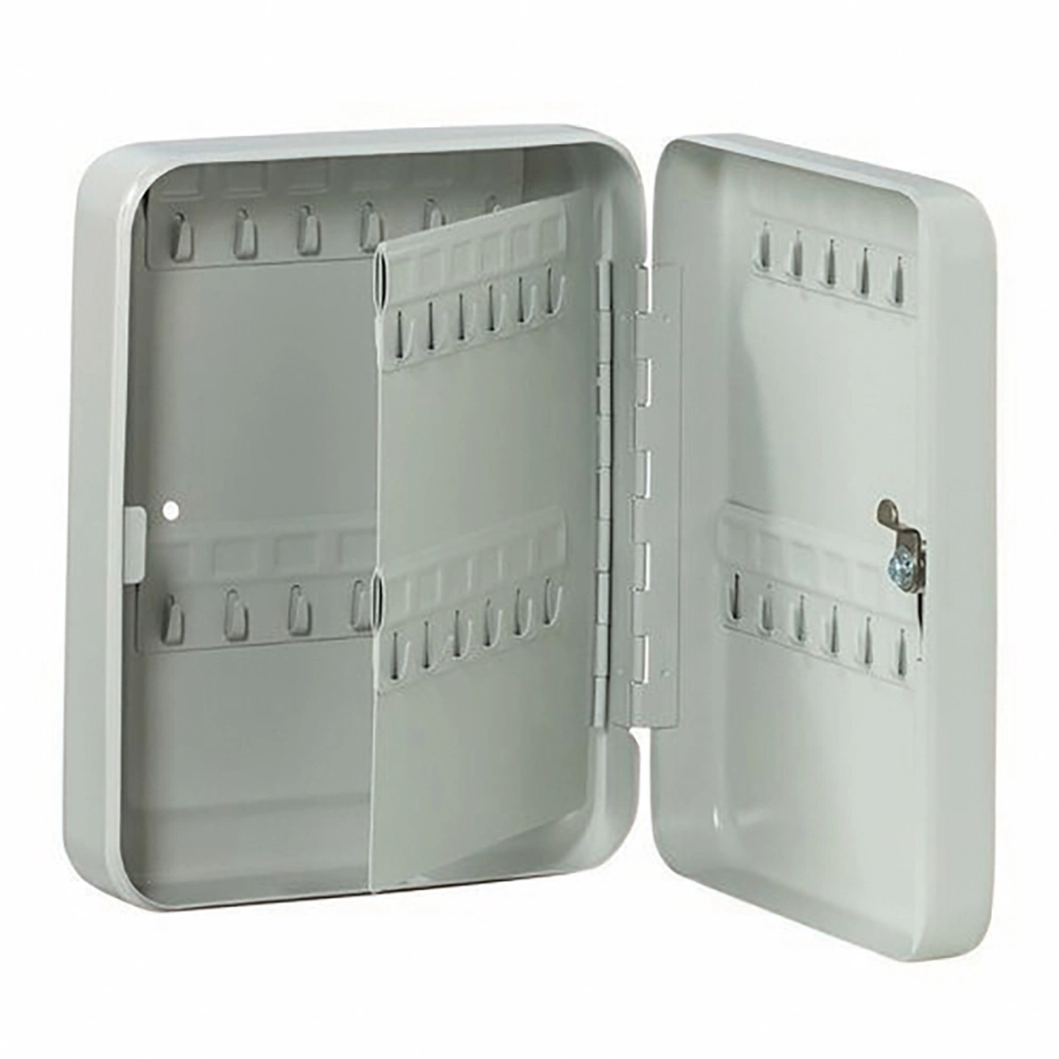 Offener, hellgrauer Burg Wächter Schlüsselkasten Favor KC 48 mit 48 Haken und Zylinderschloss.