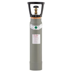 Graue Kohlendioxid Nutzungsflasche DIN T03 mit schwarzem Tragegriff und Ventil.