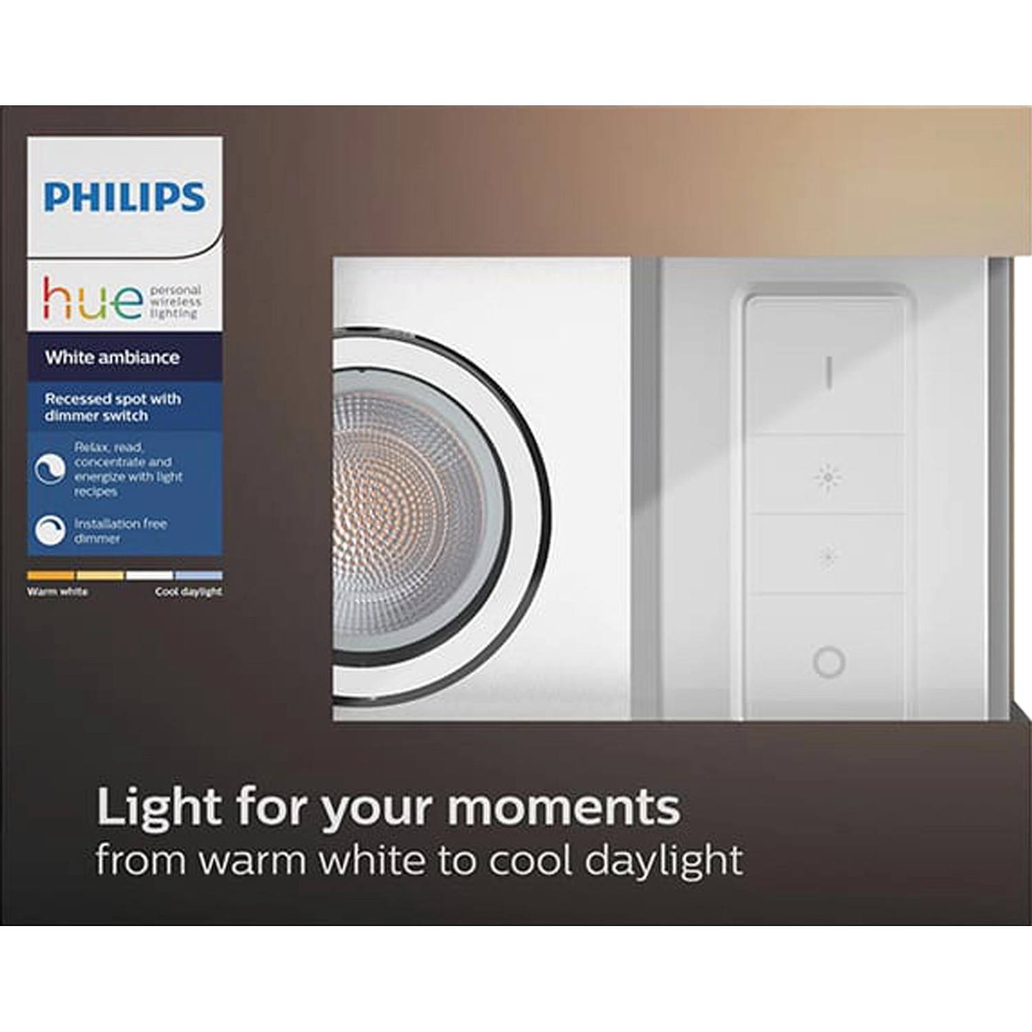 Philips Hue Milliskin LED-Einbauspot mit Dimmschalter, rechteckig, weiß.