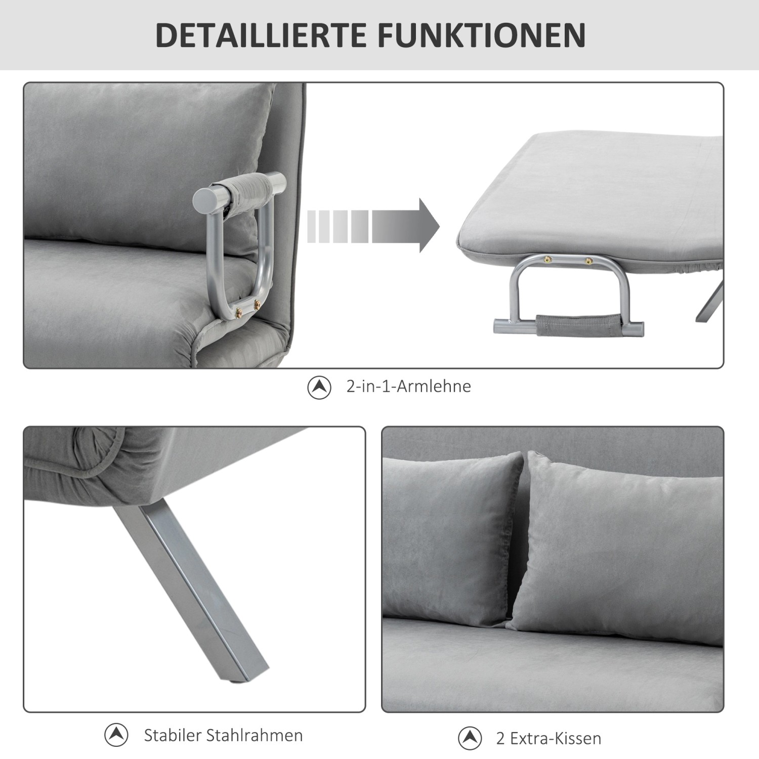 Details des grauen 2-Sitzer Schlafsofas von HOMCOM: Armlehne, Stahlrahmen und Kissen.